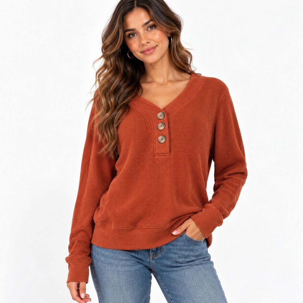 Pact Henley Top Womens L Rust Orange Organic Cotton Waffle Knit Thermal Gorpcore